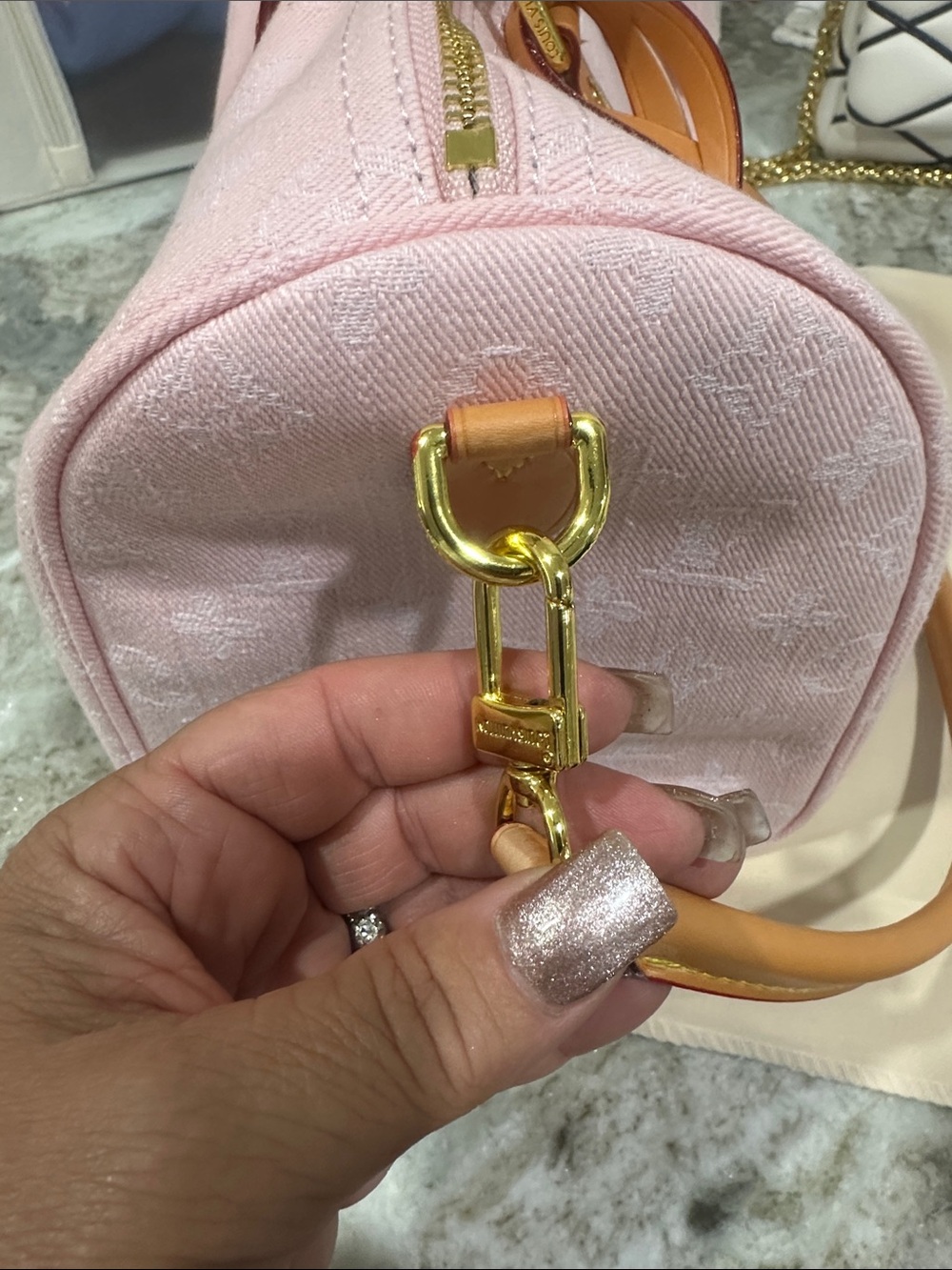 Pink Denim Satchel Handbag with Tan Trim. Nice condition - Picture 11 of 12